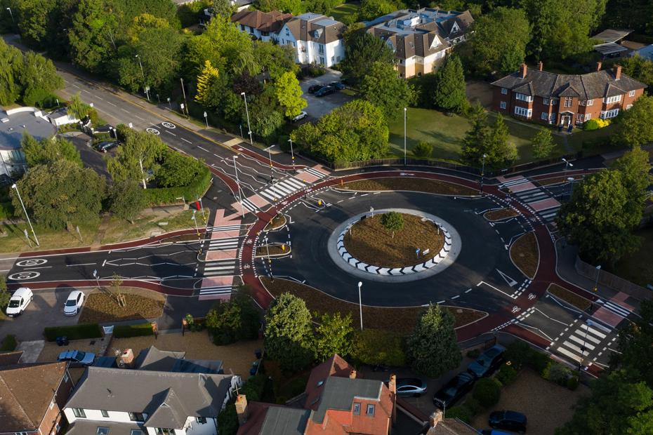 Aerial view of the four arms of the Fendon Road Dutch-Style Roundabout