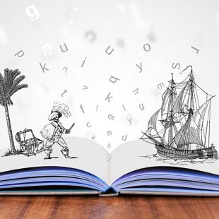 Open book with illustrated pirate scene with skeleton pirate and ship popping out from pages